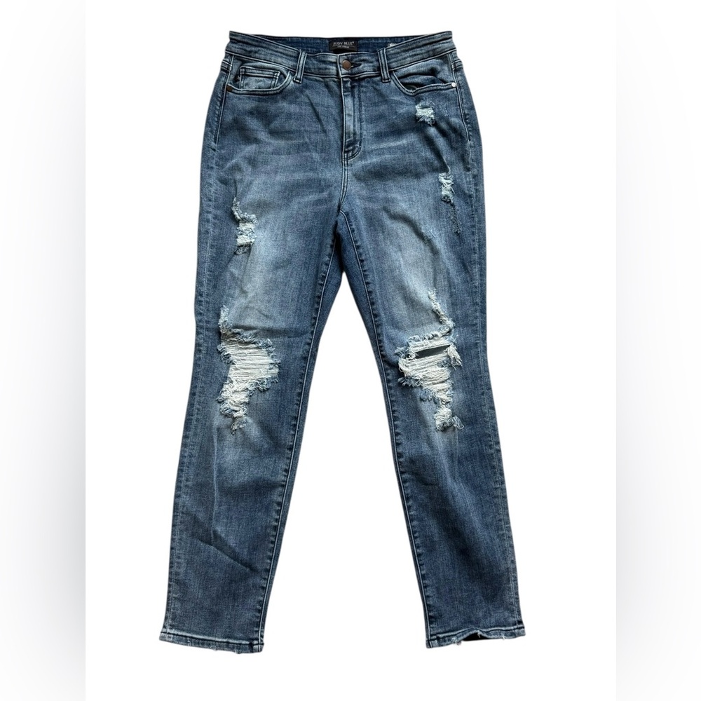 Judy Blue Boyfriend Jeans Womens 11/30 Blue High Rise Stretch Fit Distressed